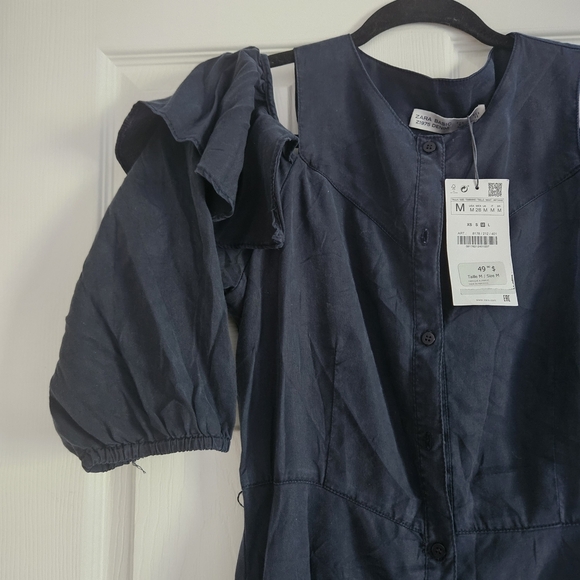 Zara Blue Puff Sleeve Cold Shoulder Mini Dress - Picture 2 of 6